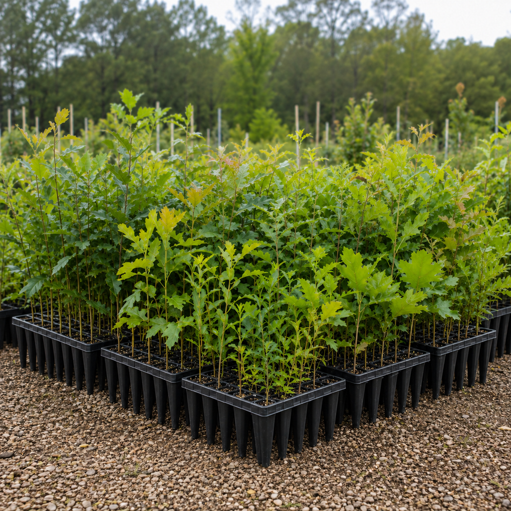 Young tree seedlings growing in trays of deep tree plugs