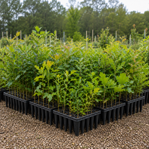 Young tree seedlings growing in trays of deep tree plugs