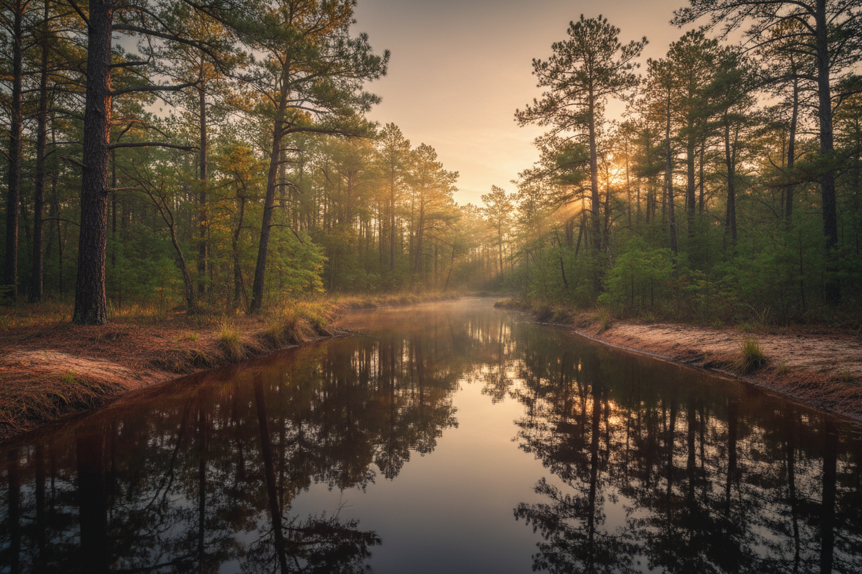 Pine Barrens forest reflected in calm water
